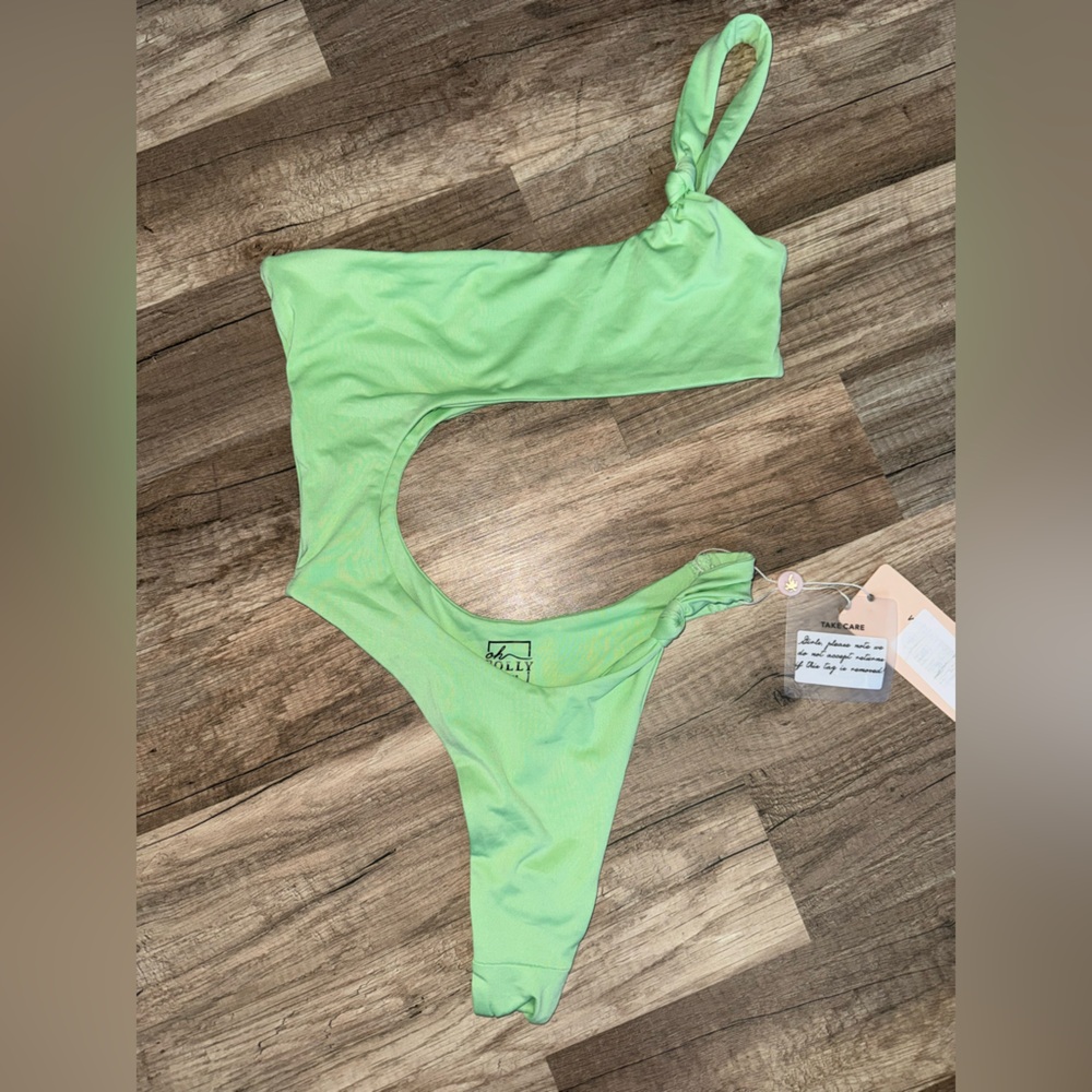 Lime Green One-Shoulder thong Oh-Polly Swimsuit - Picture 2 of 5